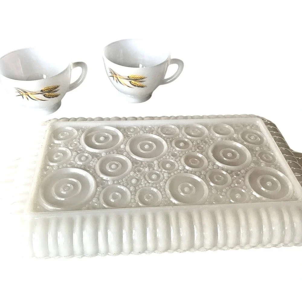 Fire-King Golden Wheat Milk‎ Glass Snack Set Trays and Cups Vintage 4 Piece